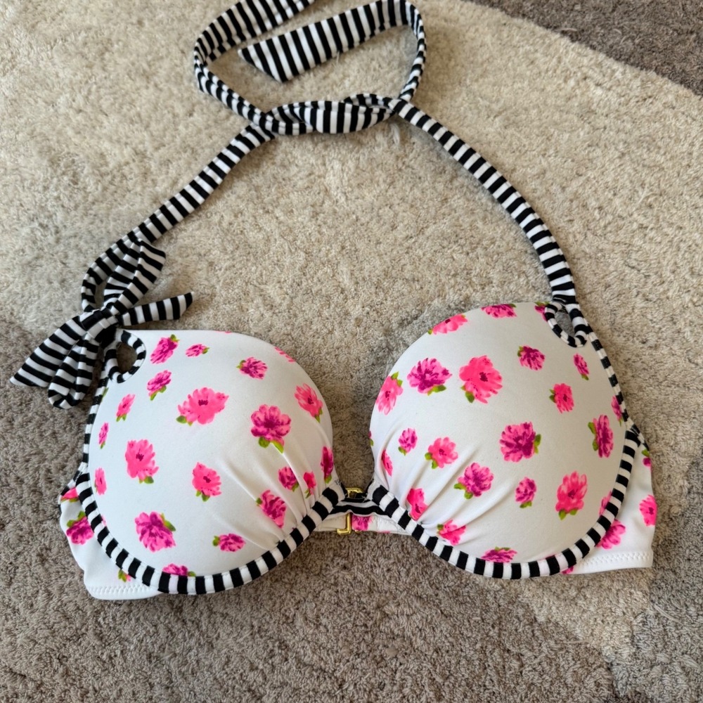Victorias Secret Floral Striped Push Up Halter Bikini Top White Pink 34C 281678 - Picture 2 of 8